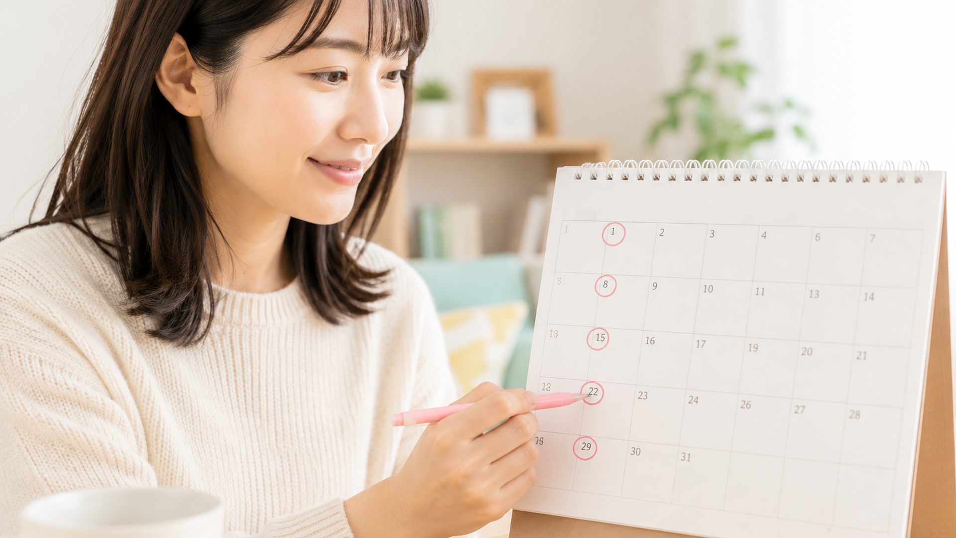 カレンダーに1週間ごとの照射日印がつけられている様子