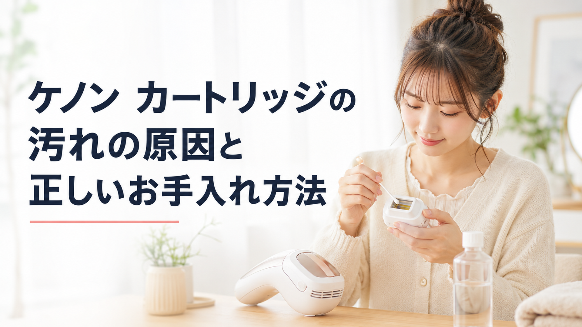 22歳くらいの日本人女性が綿棒と無水エタノールでケノンのカートリッジを優しく拭いているシーン