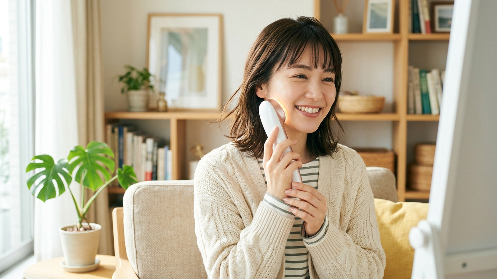 光を肌に照射する美顔器のクローズアップ