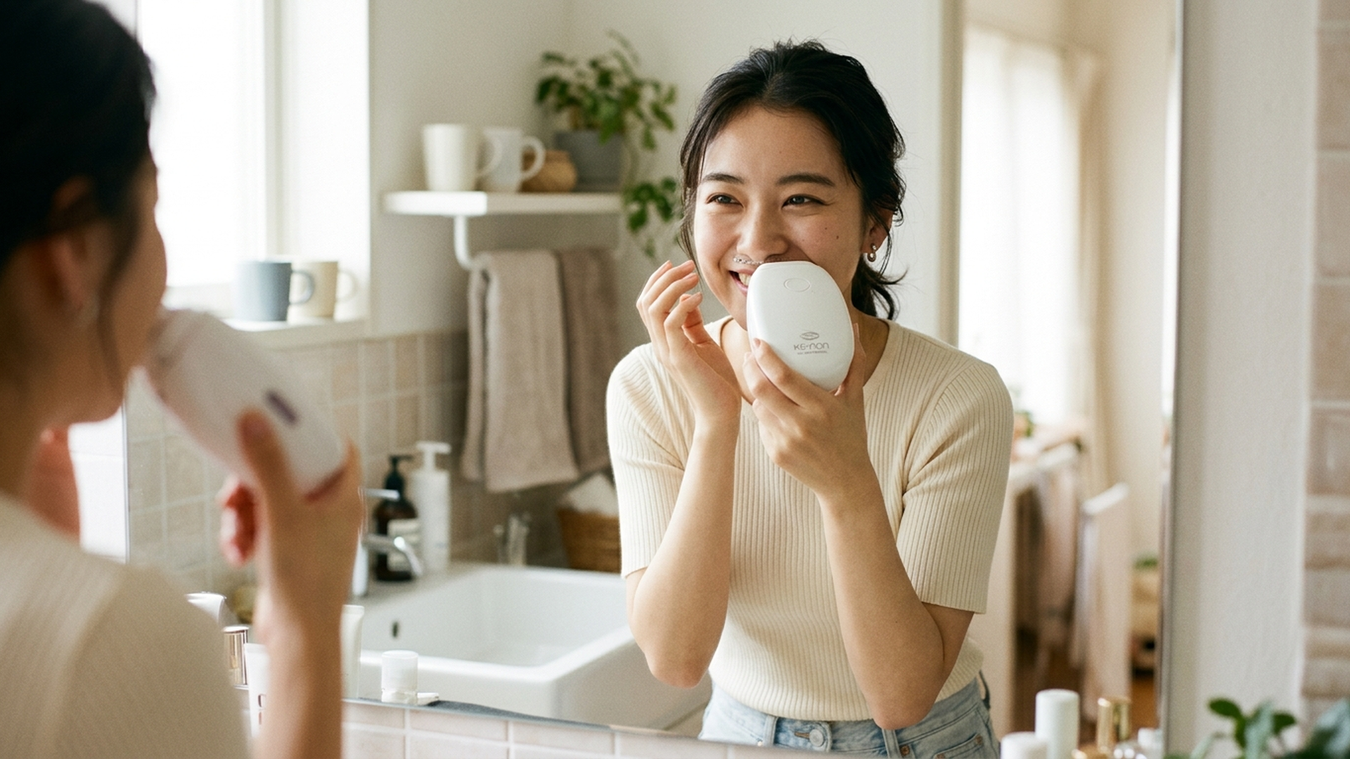 22歳の日本人女性が洗面所の鏡の前でケノン本体を手に持ち鼻下に当てようとしている様子