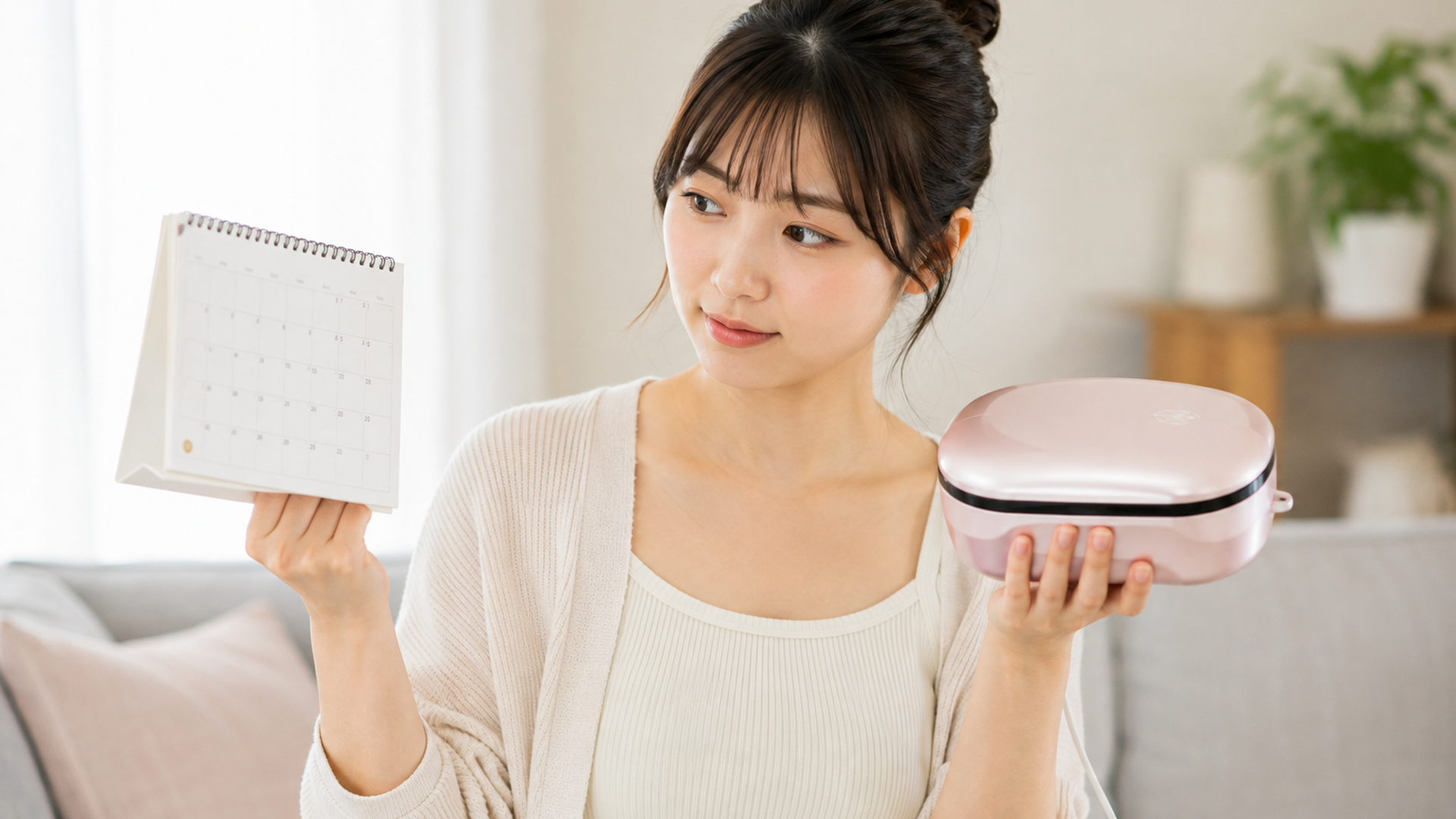 カレンダーとケノン本体を手に交換時期を確認している22歳の日本人女性