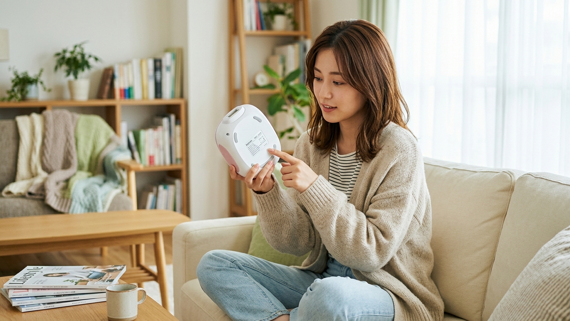 22歳の日本人女性がケノン本体の底面を裏返してシールの型番表示を確認している様子