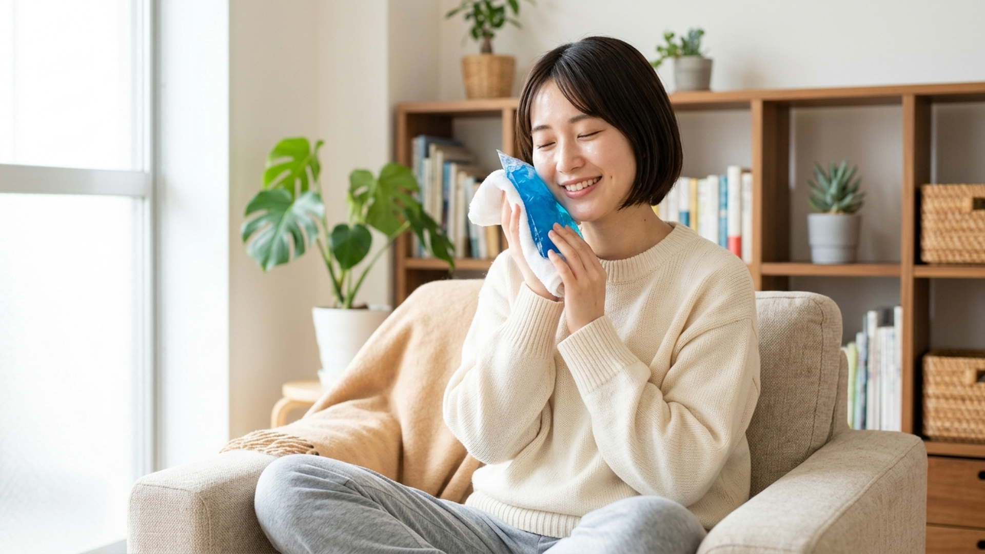 洗顔後の清潔な肌に保冷剤を当ててケアする様子