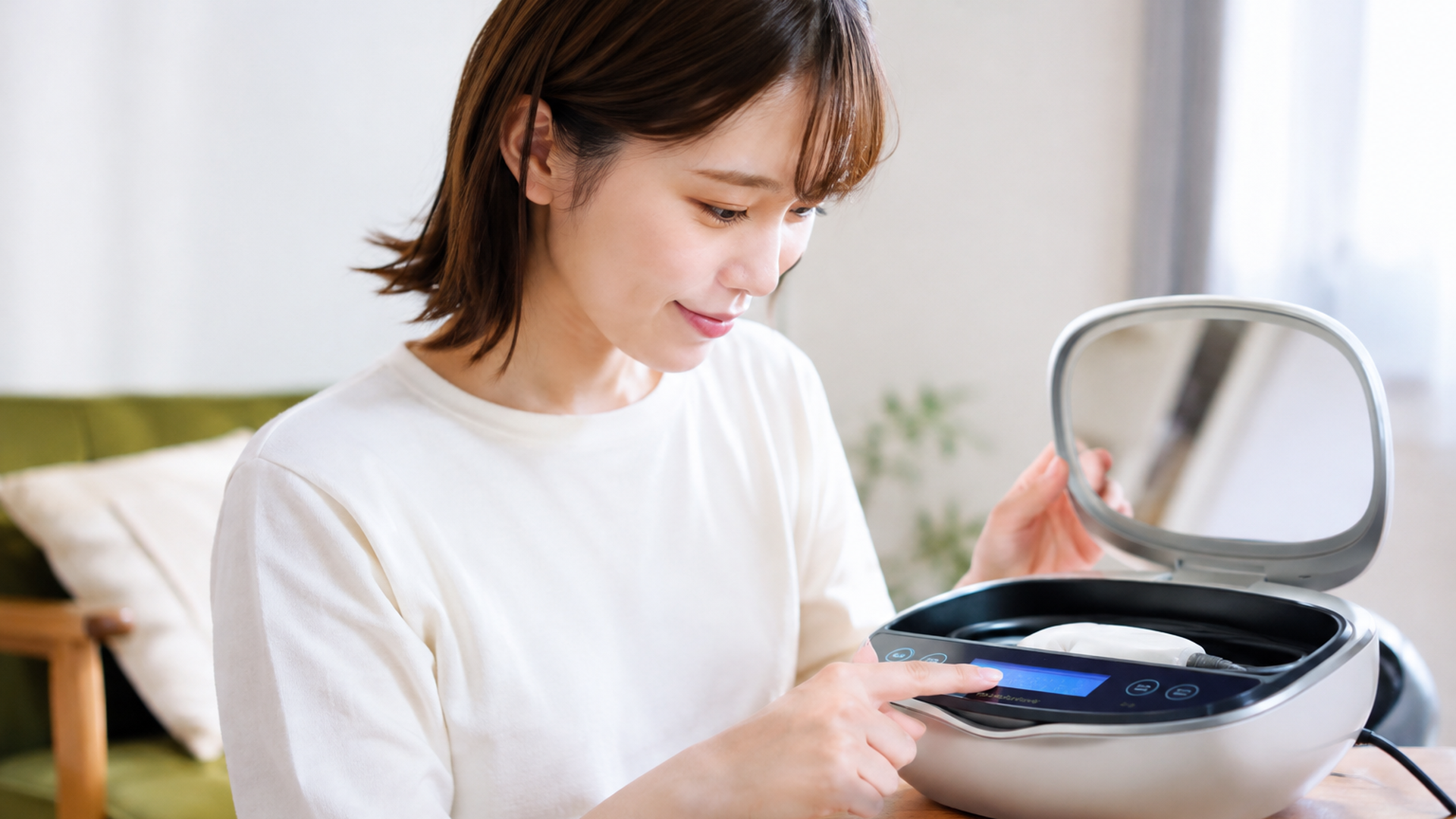 ケノン本体のディスプレイに表示されたバージョン番号を確認している22歳の日本人女性
